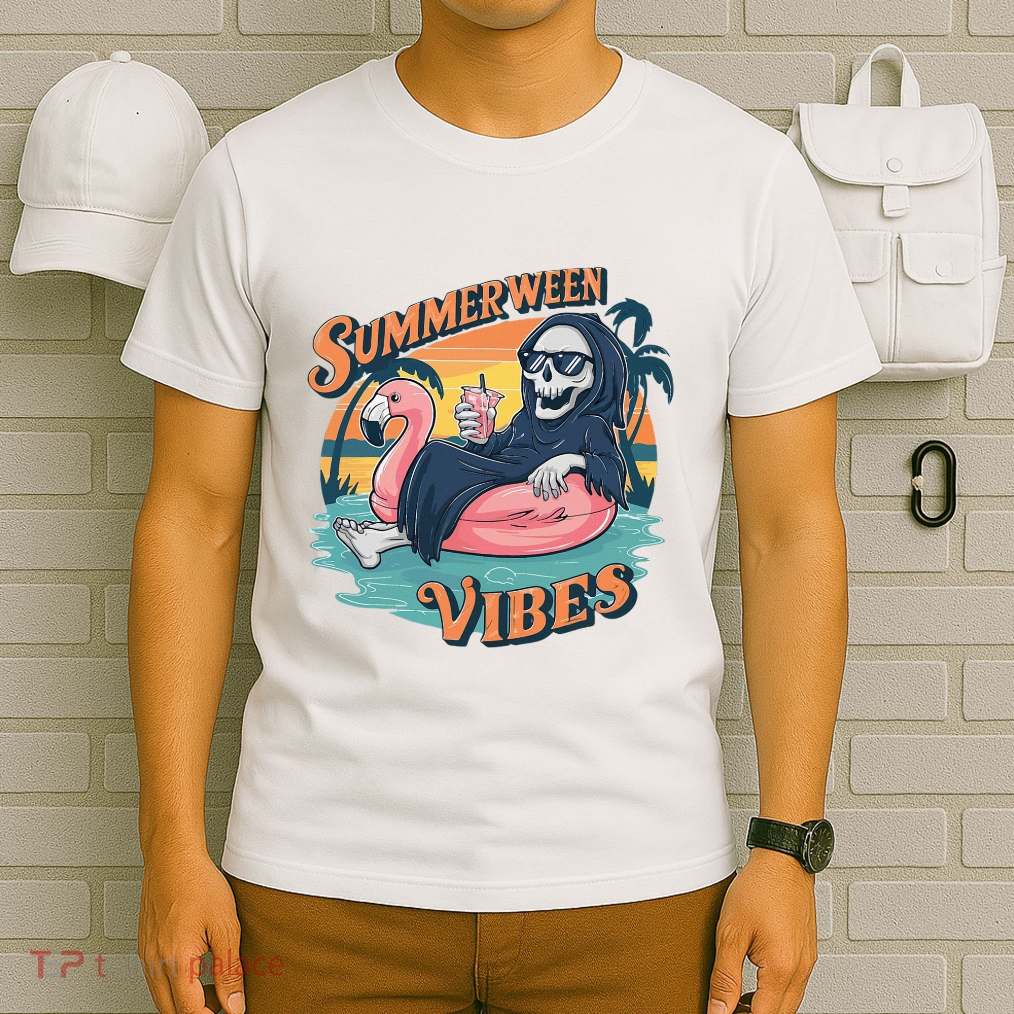 Summerween Vibes Skeleton Flamingo Float Summer Halloween T-Shirt