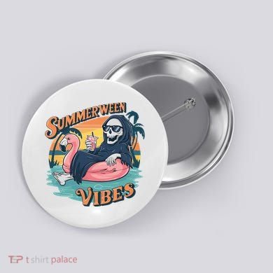 Summerween Vibes Skeleton Flamingo Float Summer Halloween Button