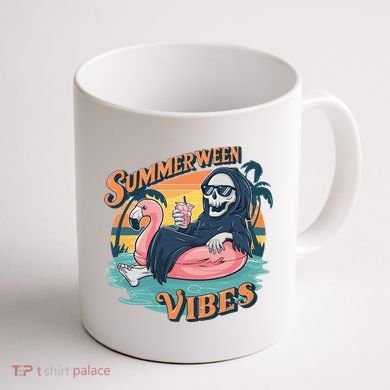 Summerween Vibes Skeleton Flamingo Float Summer Halloween Coffee Mug back