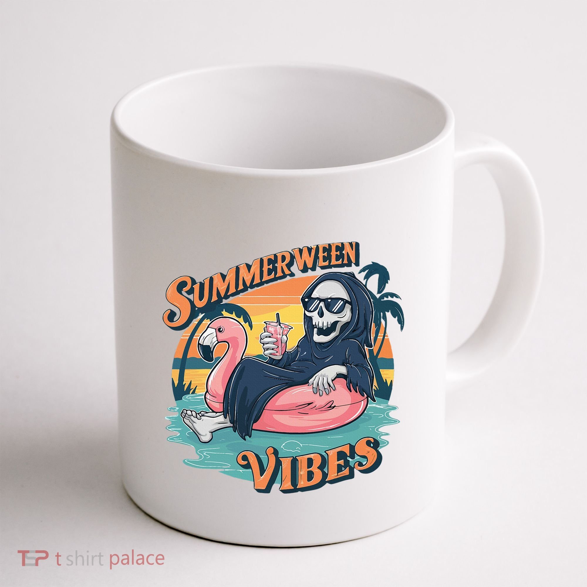Summerween Vibes Skeleton Flamingo Float Summer Halloween Coffee Mug