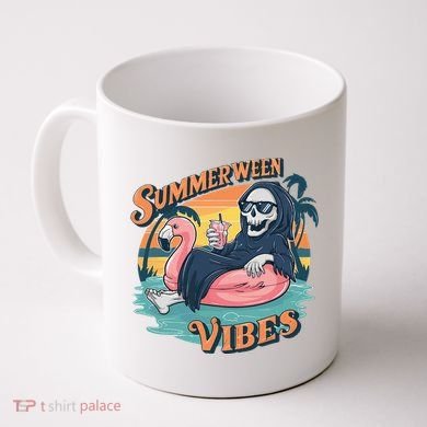 Summerween Vibes Skeleton Flamingo Float Summer Halloween Coffee Mug