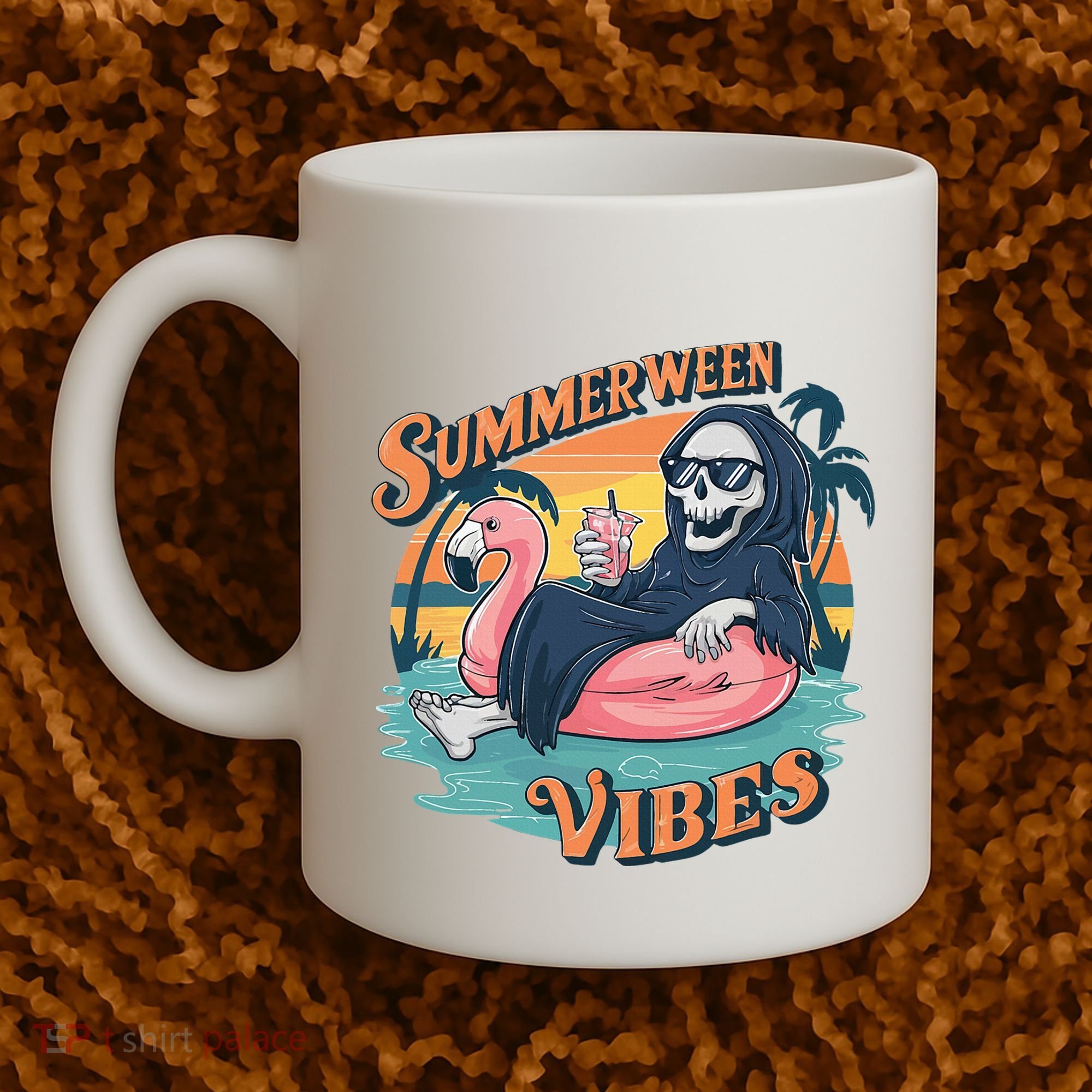 Summerween Vibes Skeleton Flamingo Float Summer Halloween Coffee Mug