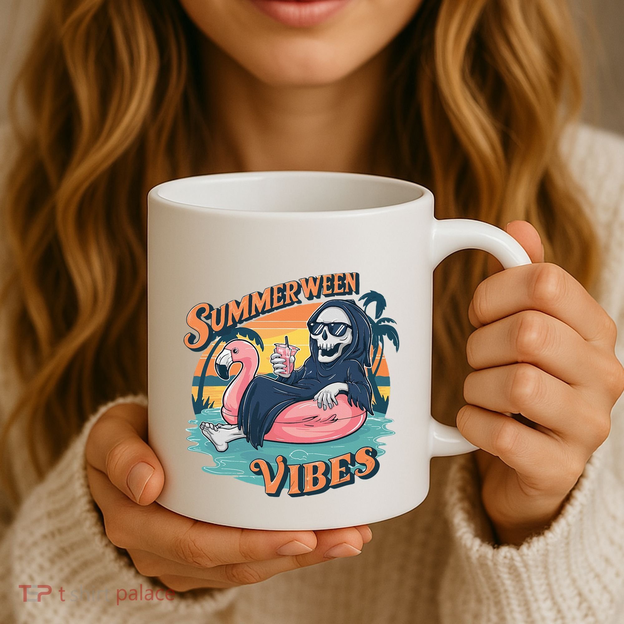 Summerween Vibes Skeleton Flamingo Float Summer Halloween Coffee Mug