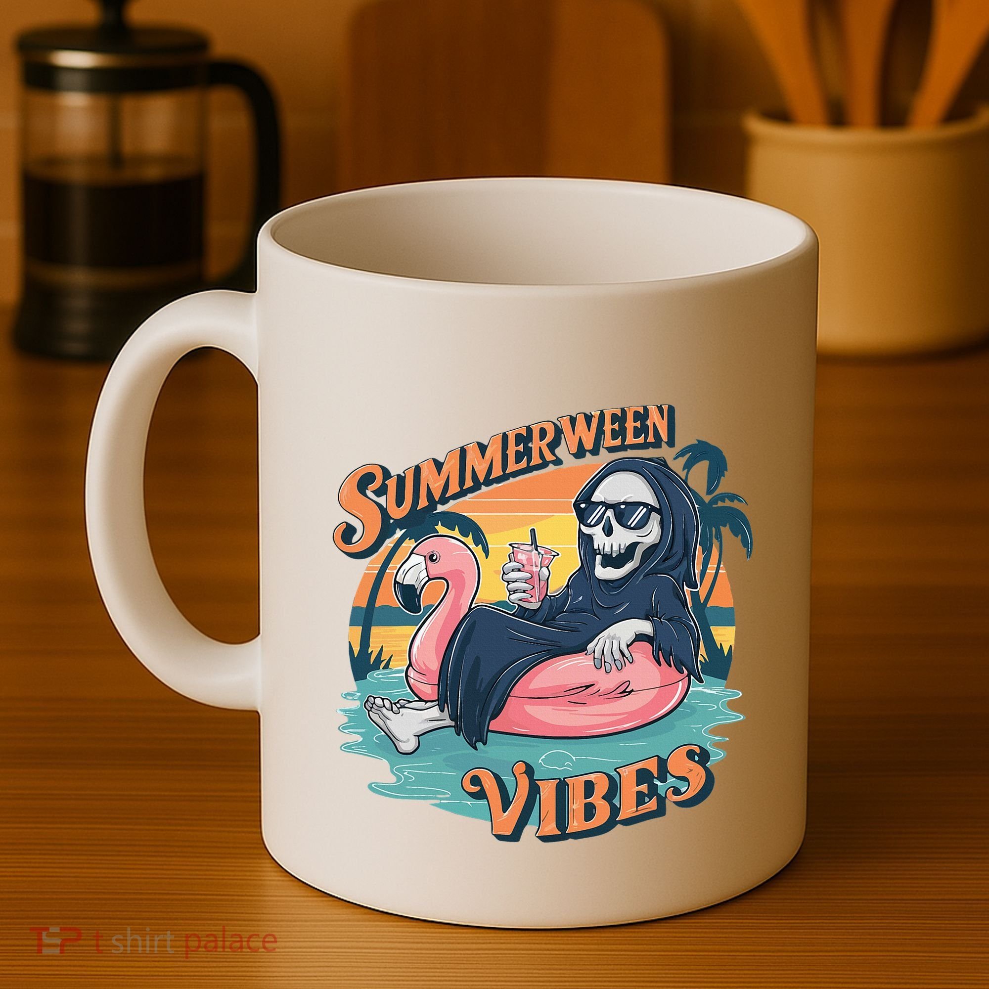 Summerween Vibes Skeleton Flamingo Float Summer Halloween Coffee Mug
