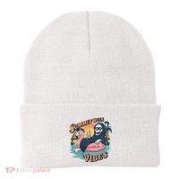 Summerween Vibes Skeleton Flamingo Float Summer Halloween Beanie thumb 0