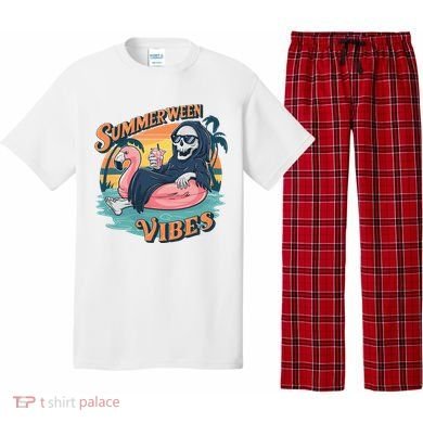 Summerween Vibes Skeleton Flamingo Float Summer Halloween Pajama Set