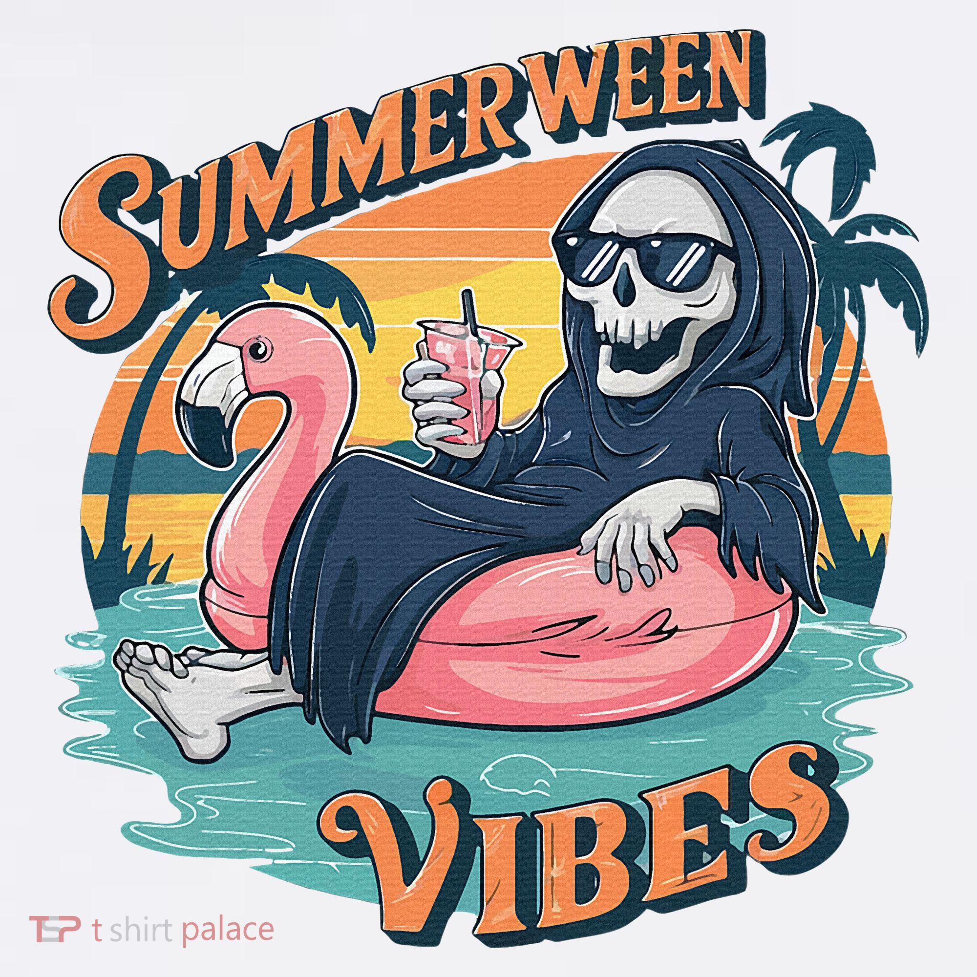 Summerween Vibes Skeleton Flamingo Float Summer Halloween Polo