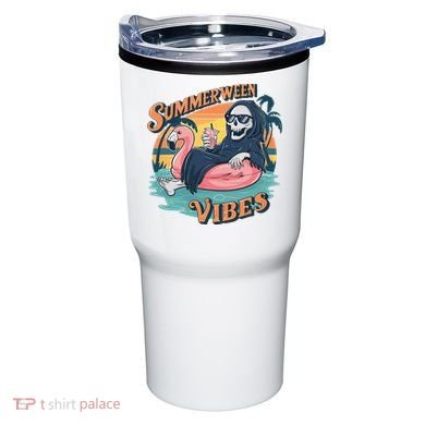 Summerween Vibes Skeleton Flamingo Float Summer Halloween Tumbler