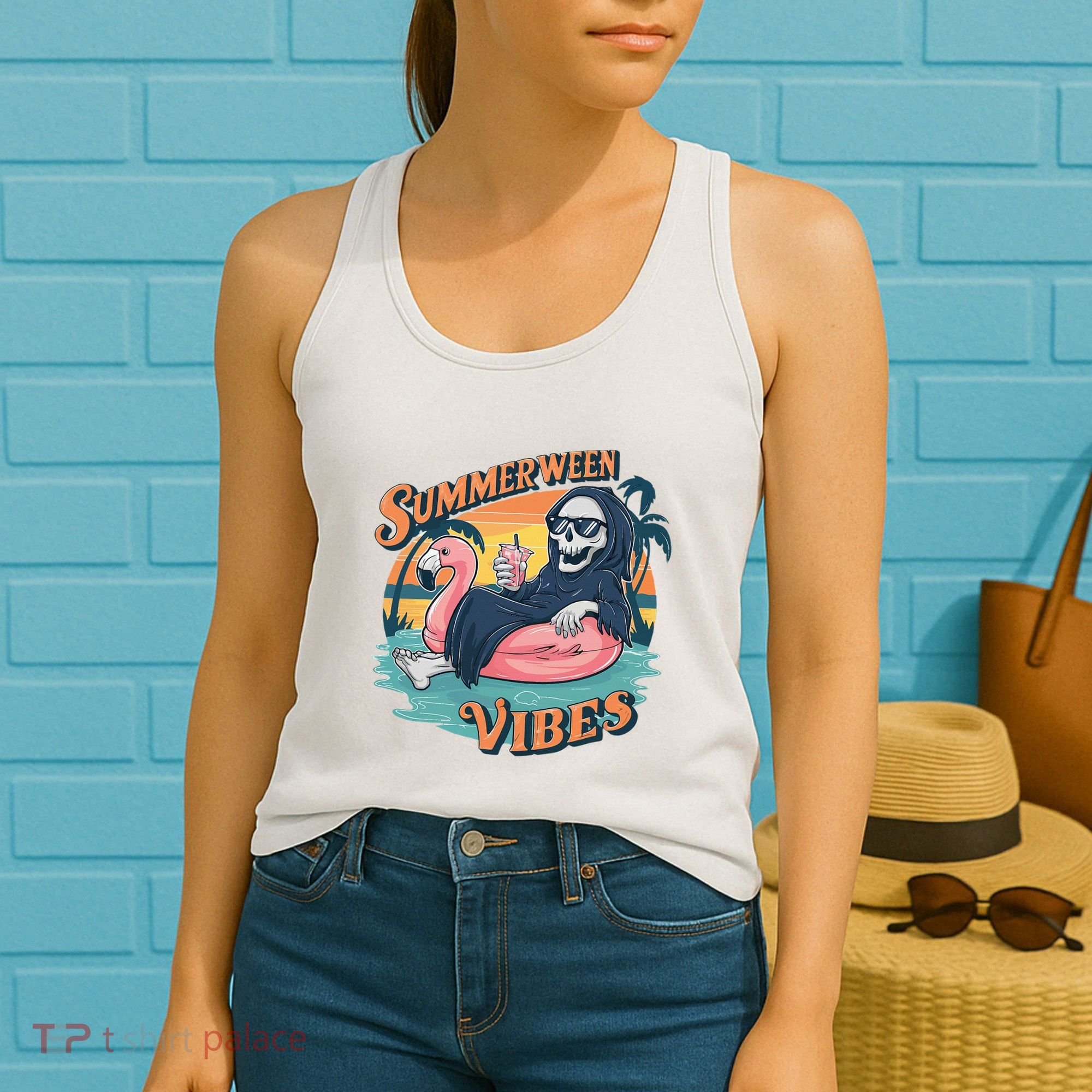Summerween Vibes Skeleton Flamingo Float Summer Halloween Women's Tank Top