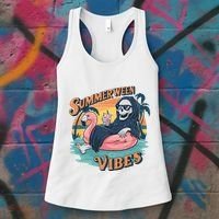 Summerween Vibes Skeleton Flamingo Float Summer Halloween Women's Tank Top thumb 3