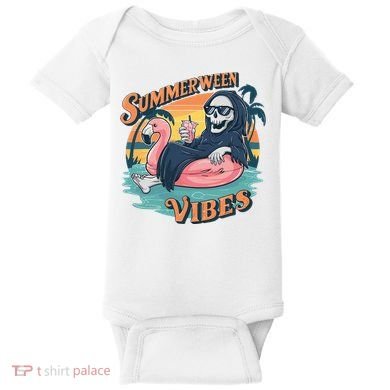 Summerween Vibes Skeleton Flamingo Float Summer Halloween Baby Bodysuit