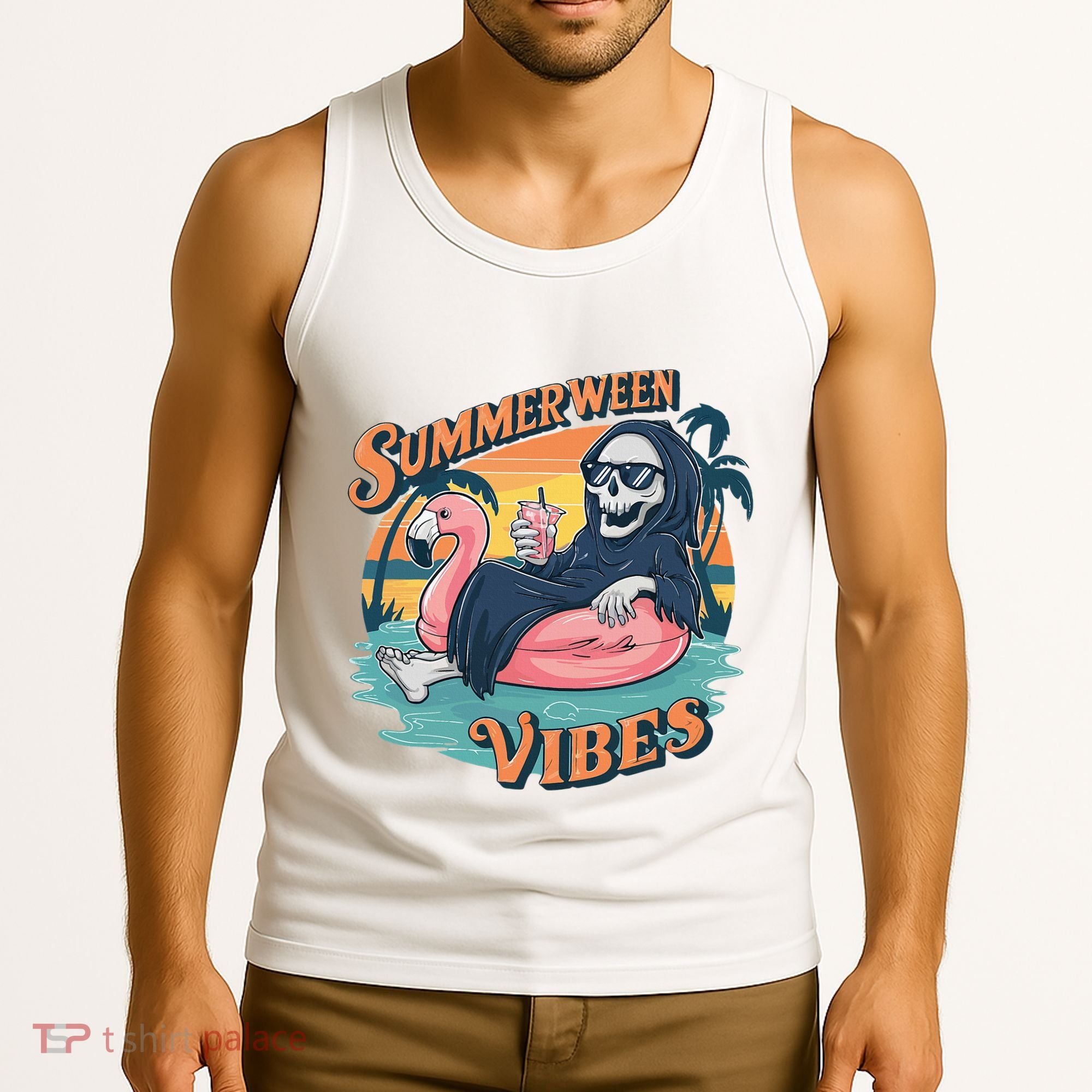 Summerween Vibes Skeleton Flamingo Float Summer Halloween Tank Top