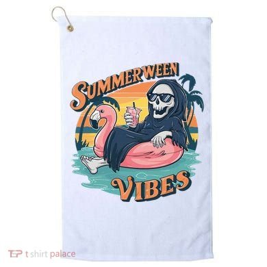 Summerween Vibes Skeleton Flamingo Float Summer Halloween Golf Towel