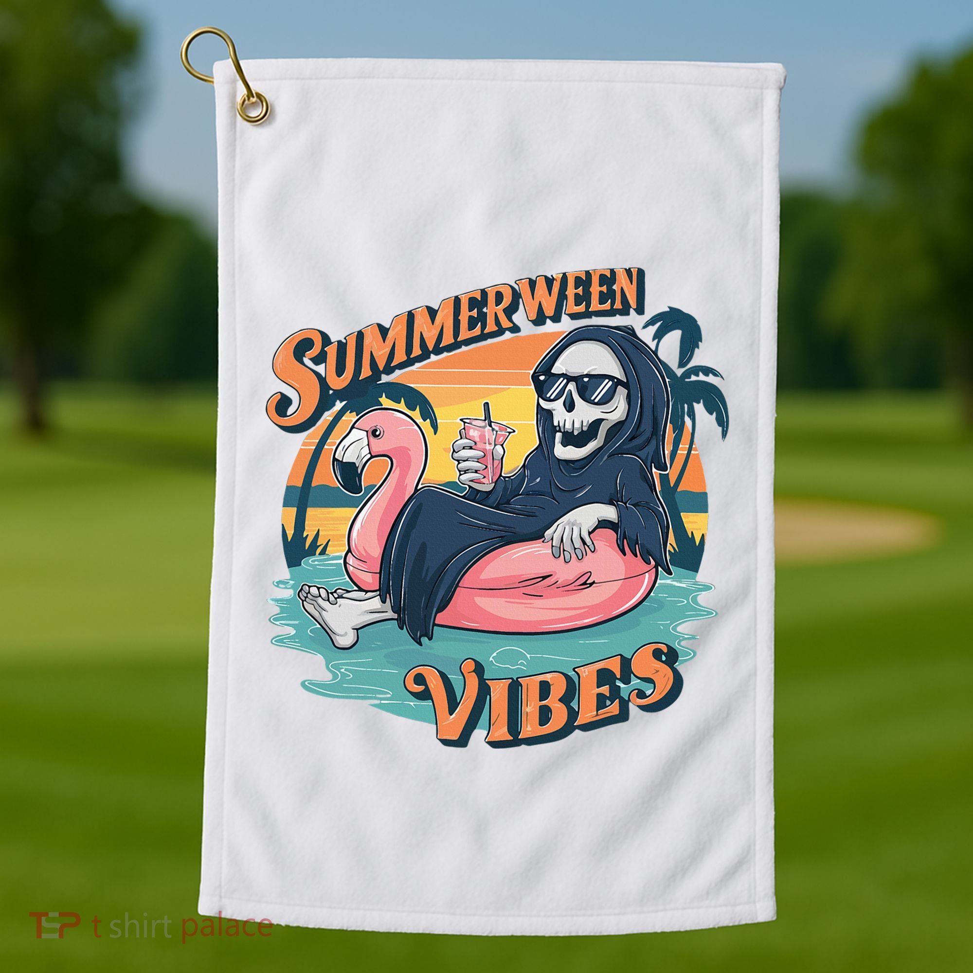 Summerween Vibes Skeleton Flamingo Float Summer Halloween Golf Towel