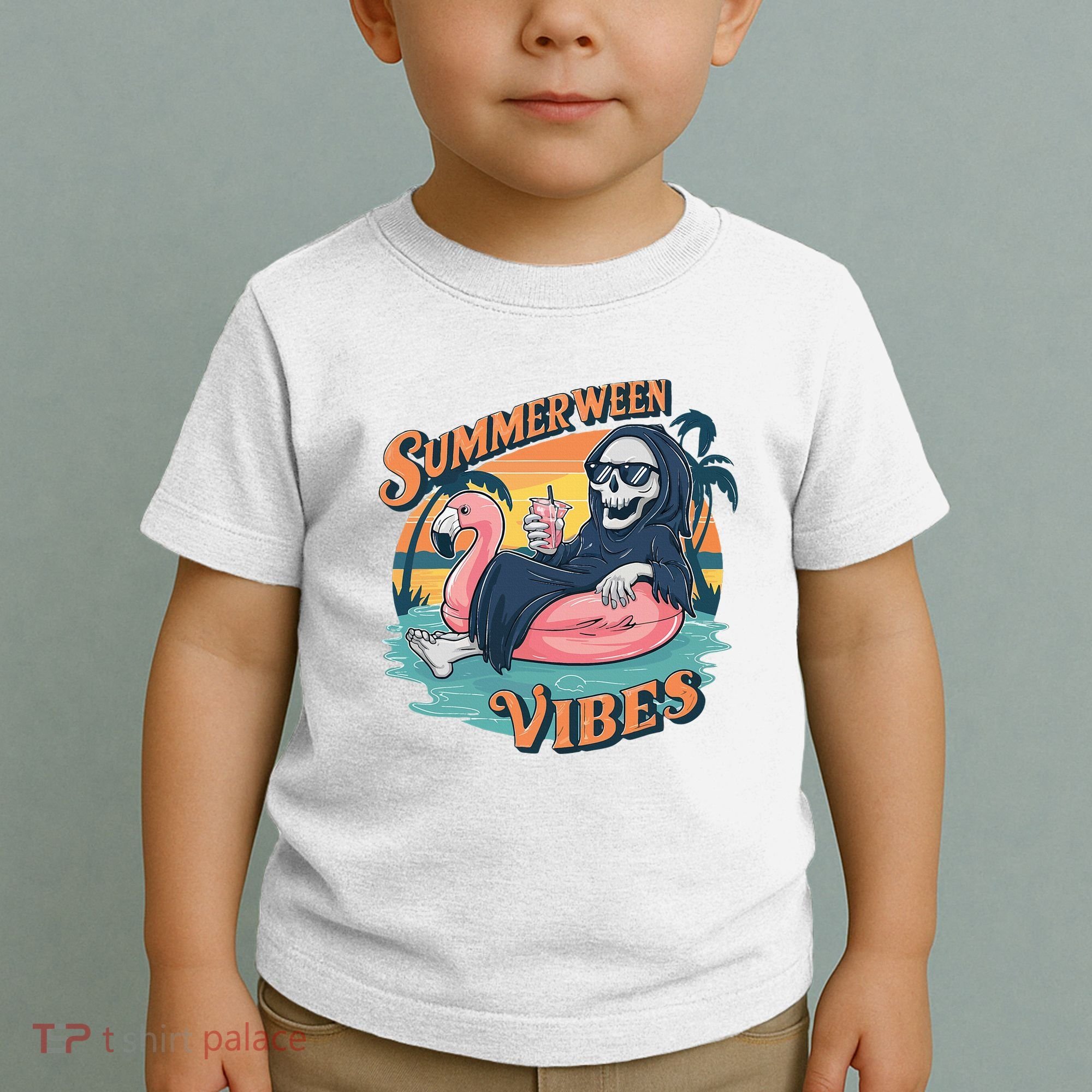 Summerween Vibes Skeleton Flamingo Float Summer Halloween Toddler T-Shirt