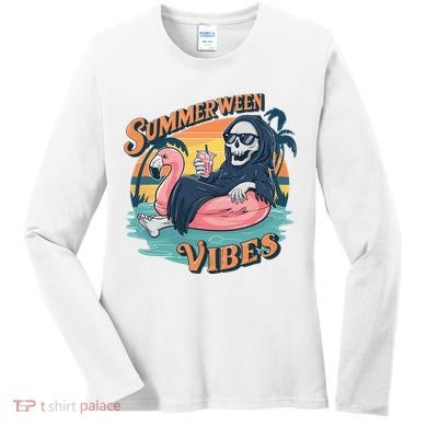 Summerween Vibes Skeleton Flamingo Float Summer Halloween Women's Long Sleeve Shirt