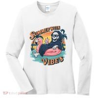 Summerween Vibes Skeleton Flamingo Float Summer Halloween Women's Long Sleeve Shirt thumb 0