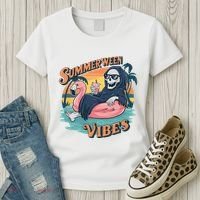Summerween Vibes Skeleton Flamingo Float Summer Halloween Women's T-Shirt thumb 3