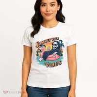 Summerween Vibes Skeleton Flamingo Float Summer Halloween Women's T-Shirt thumb 4