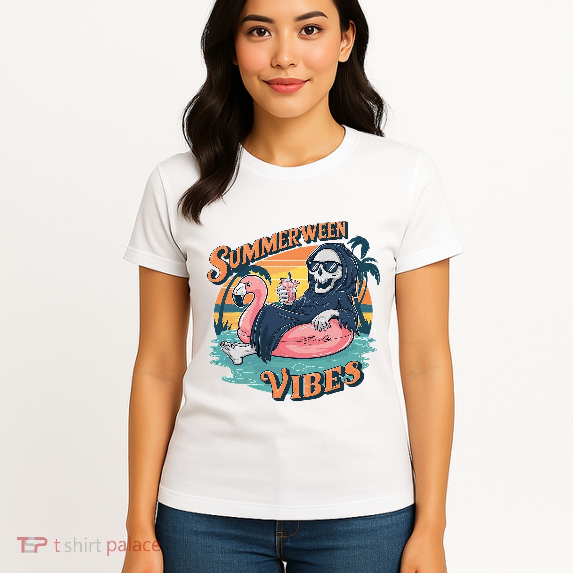 Summerween Vibes Skeleton Flamingo Float Summer Halloween Women's T-Shirt