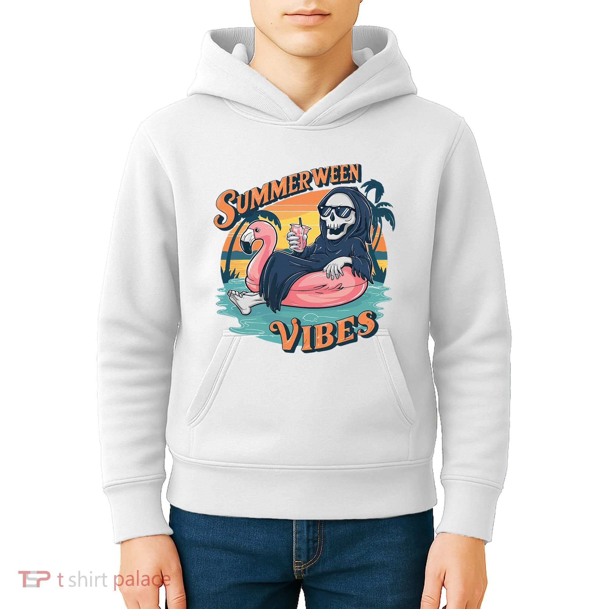 Summerween Vibes Skeleton Flamingo Float Summer Halloween Kids Hoodie