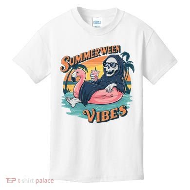 Summerween Vibes Skeleton Flamingo Float Summer Halloween Kids T-Shirt