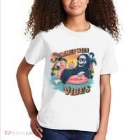 Summerween Vibes Skeleton Flamingo Float Summer Halloween Kids T-Shirt thumb 2