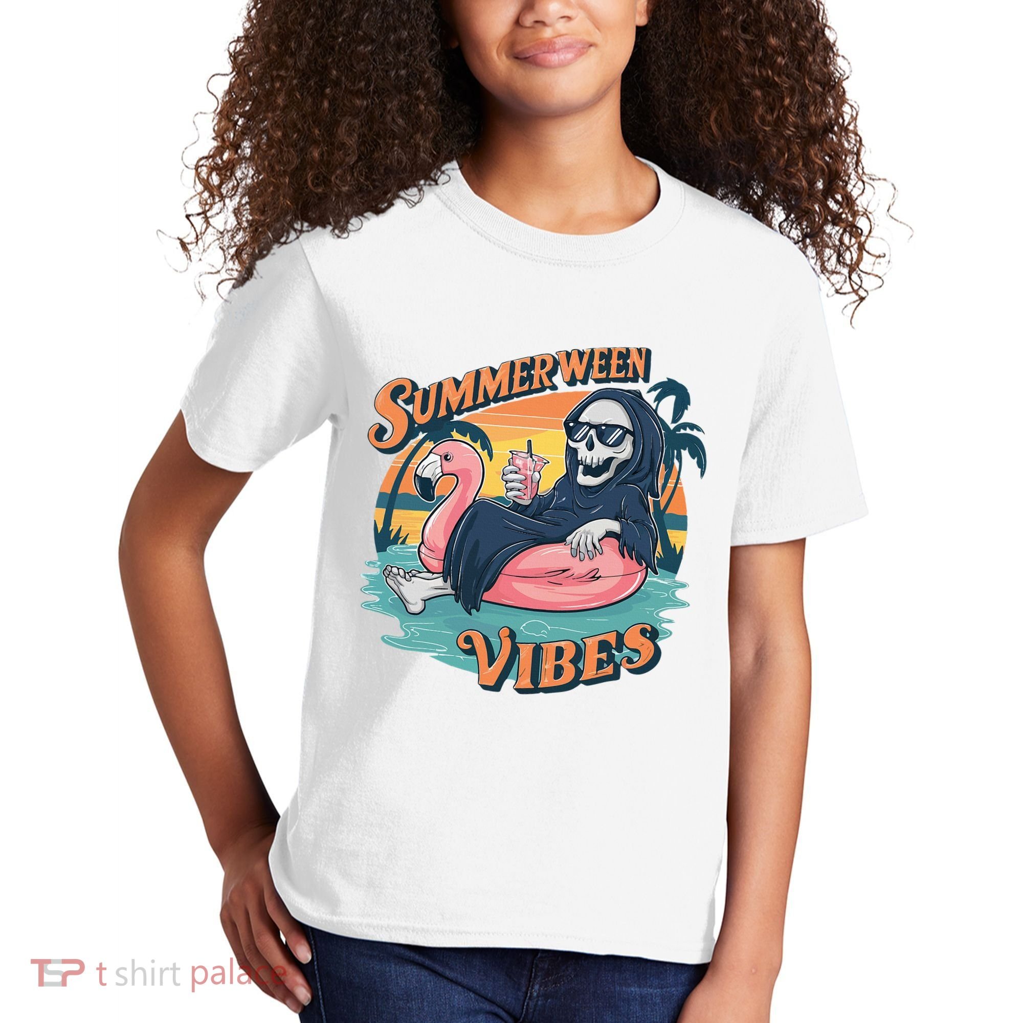 Summerween Vibes Skeleton Flamingo Float Summer Halloween Kids T-Shirt