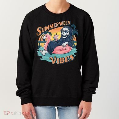Summerween Vibes Skeleton Flamingo Float Summer Halloween Women's Sweatshirt