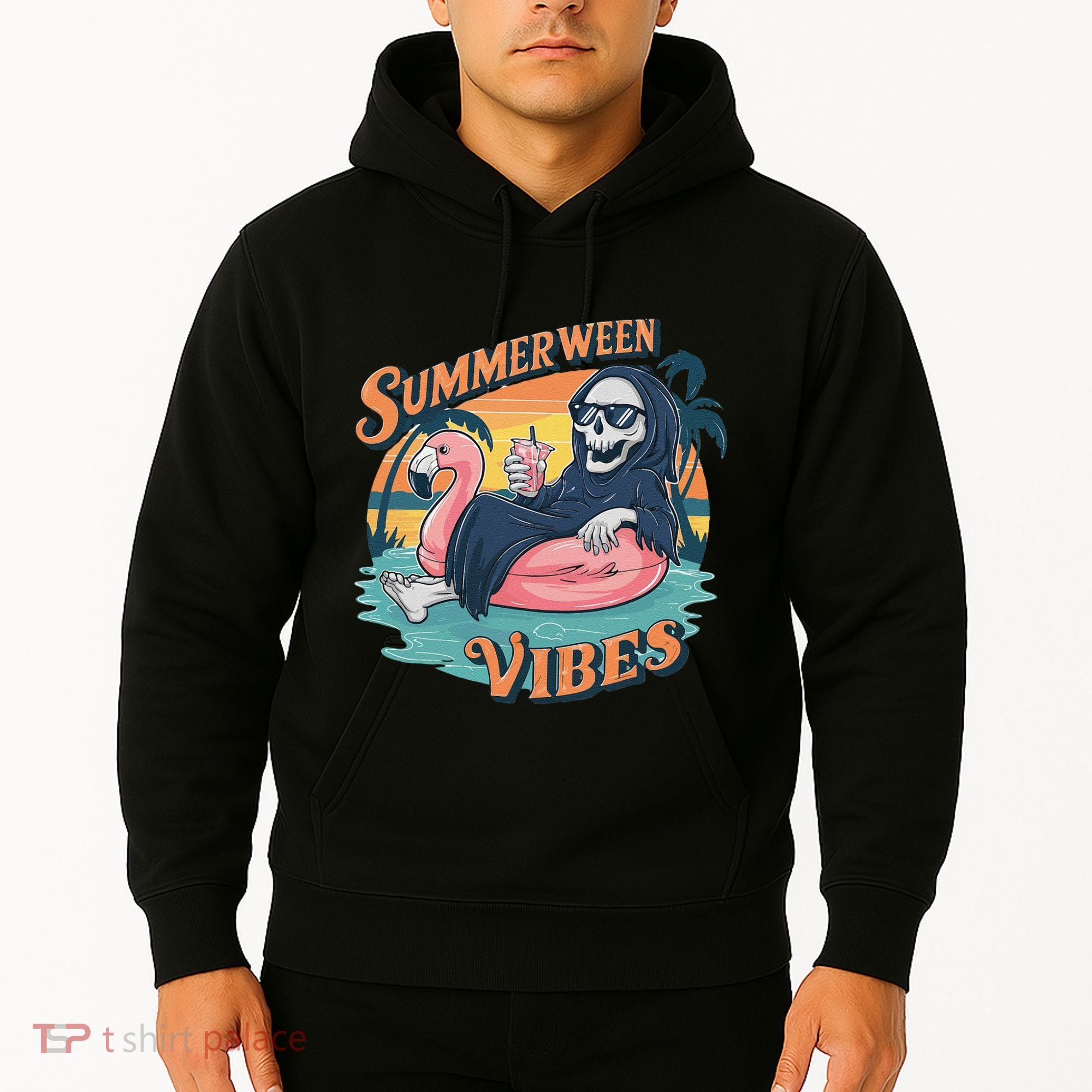 Summerween Vibes Skeleton Flamingo Float Summer Halloween Hoodie