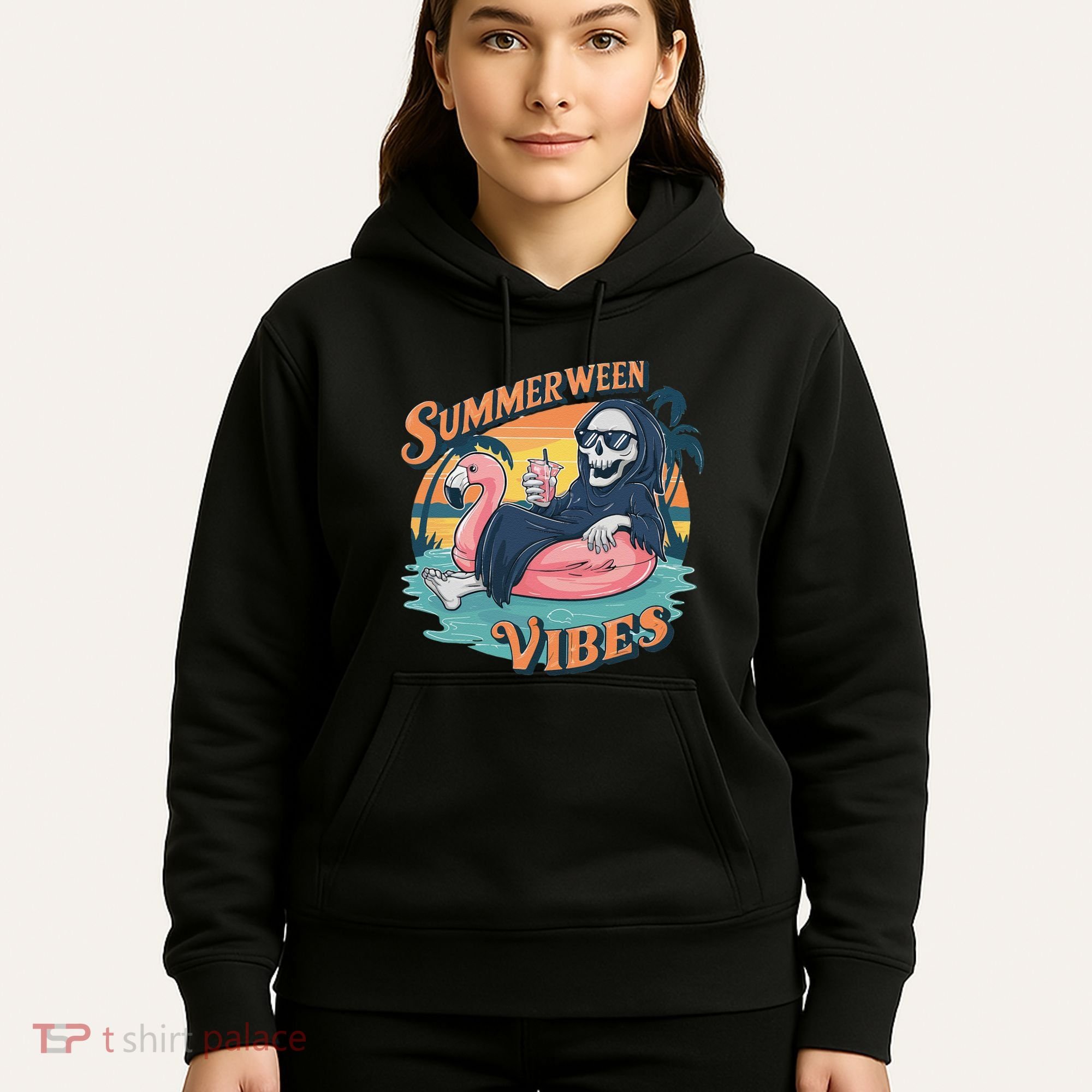 Summerween Vibes Skeleton Flamingo Float Summer Halloween Hoodie