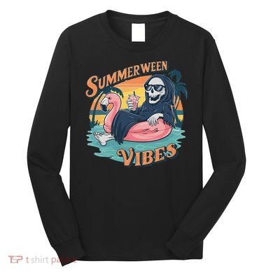 Summerween Vibes Skeleton Flamingo Float Summer Halloween Long Sleeve Shirt