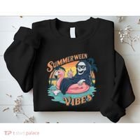 Summerween Vibes Skeleton Flamingo Float Summer Halloween Sweatshirt thumb 2