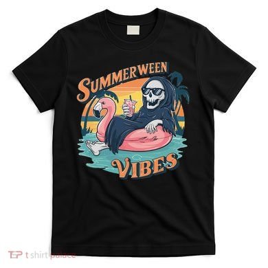 Summerween Vibes Skeleton Flamingo Float Summer Halloween T-Shirt