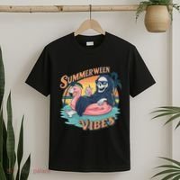 Summerween Vibes Skeleton Flamingo Float Summer Halloween T-Shirt thumb 2