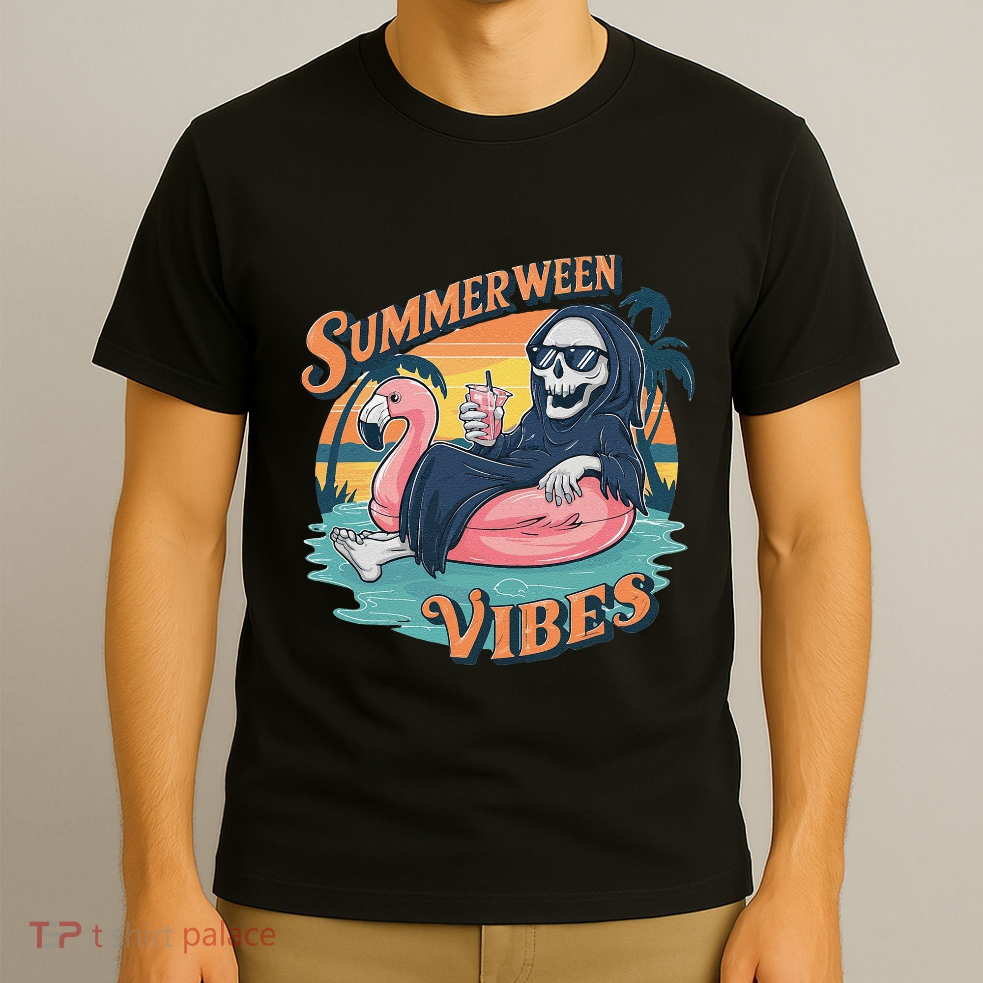 Summerween Vibes Skeleton Flamingo Float Summer Halloween T-Shirt