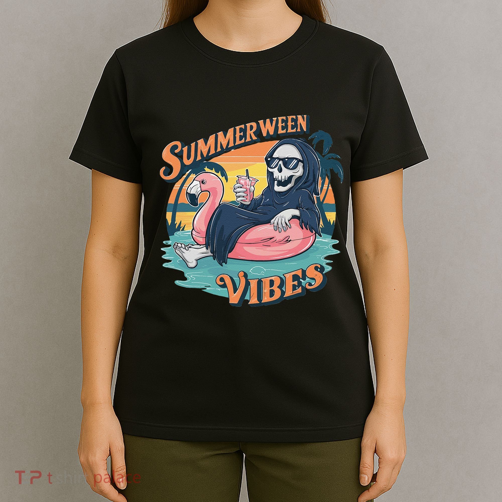 Summerween Vibes Skeleton Flamingo Float Summer Halloween T-Shirt
