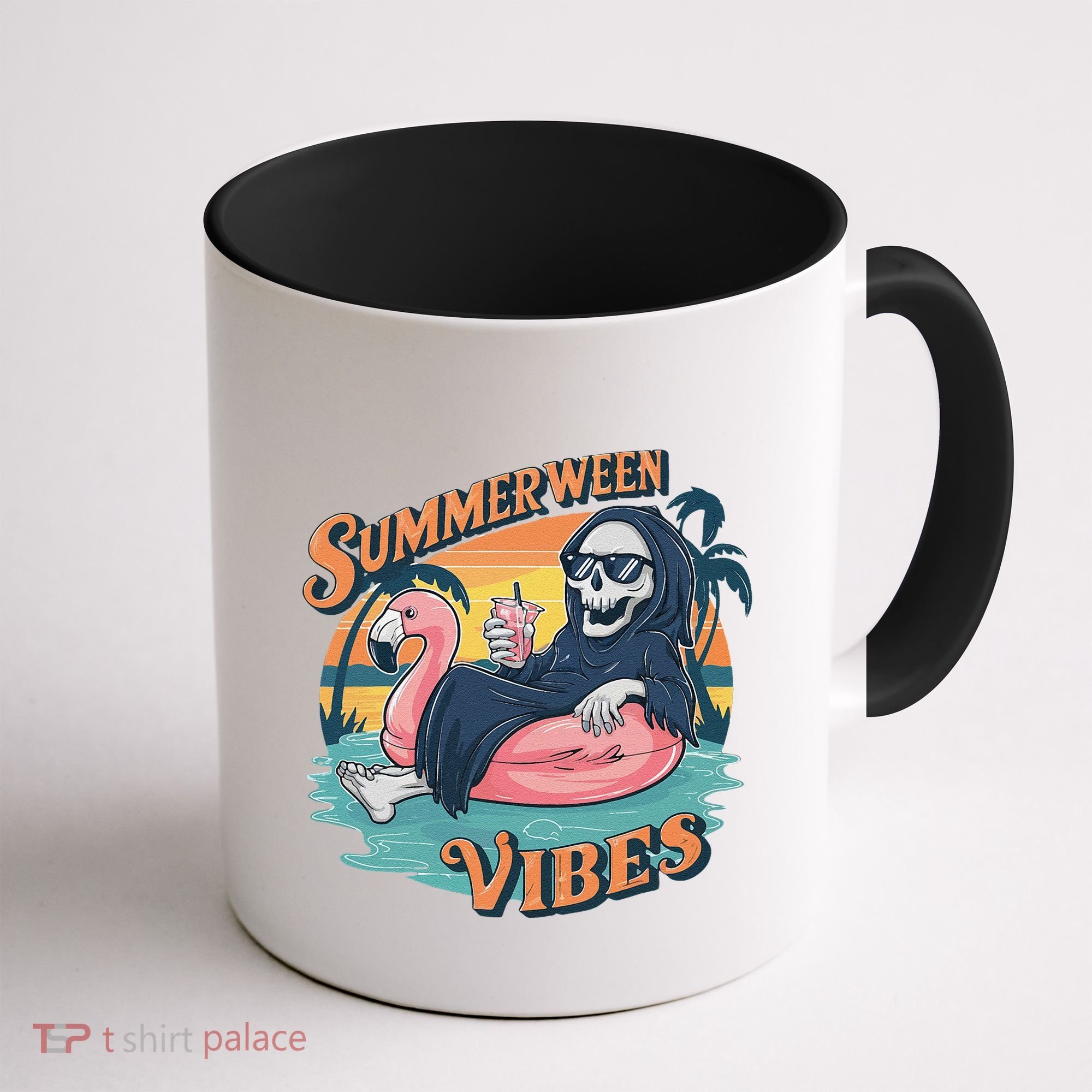 Summerween Vibes Skeleton Flamingo Float Summer Halloween Coffee Mug