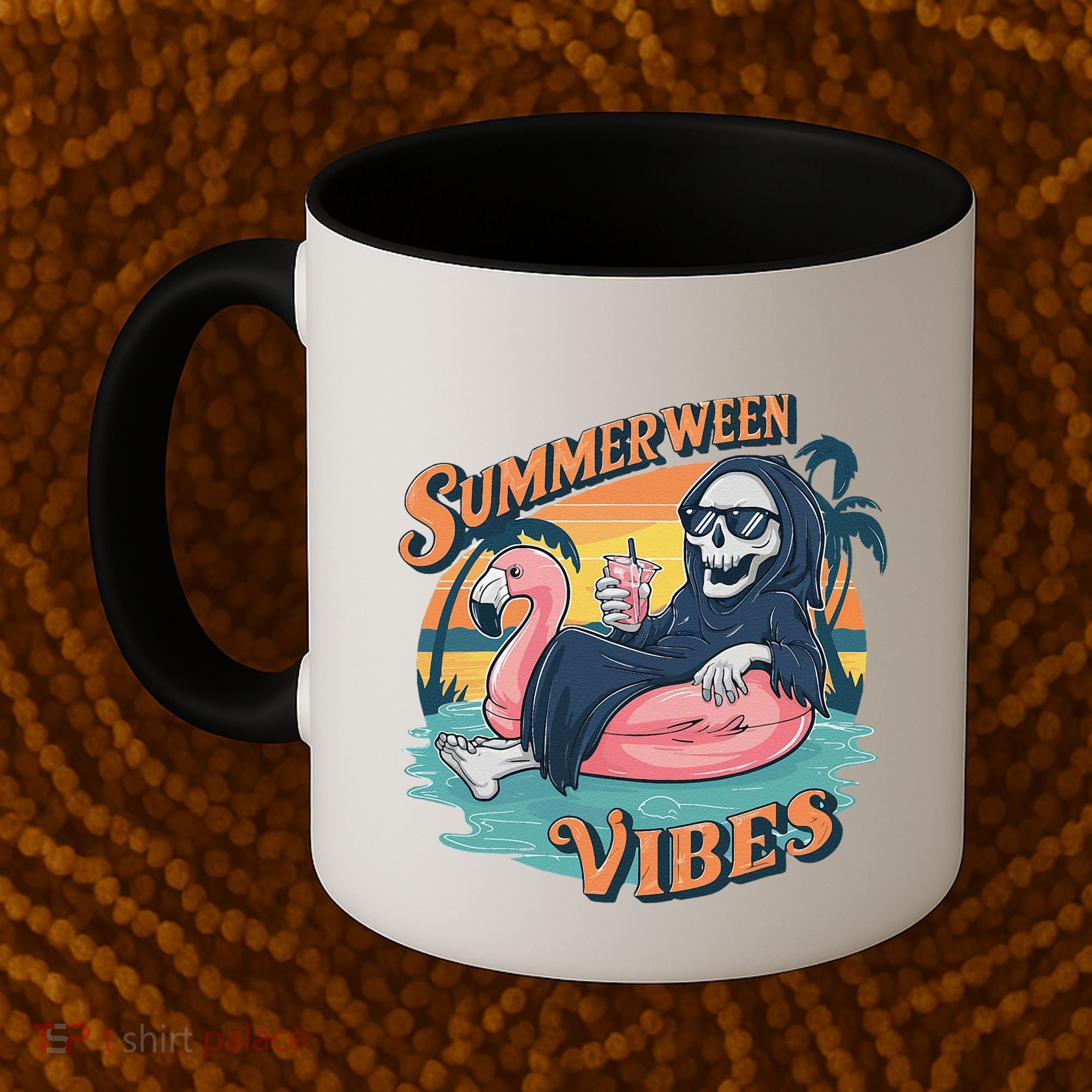 Summerween Vibes Skeleton Flamingo Float Summer Halloween Coffee Mug