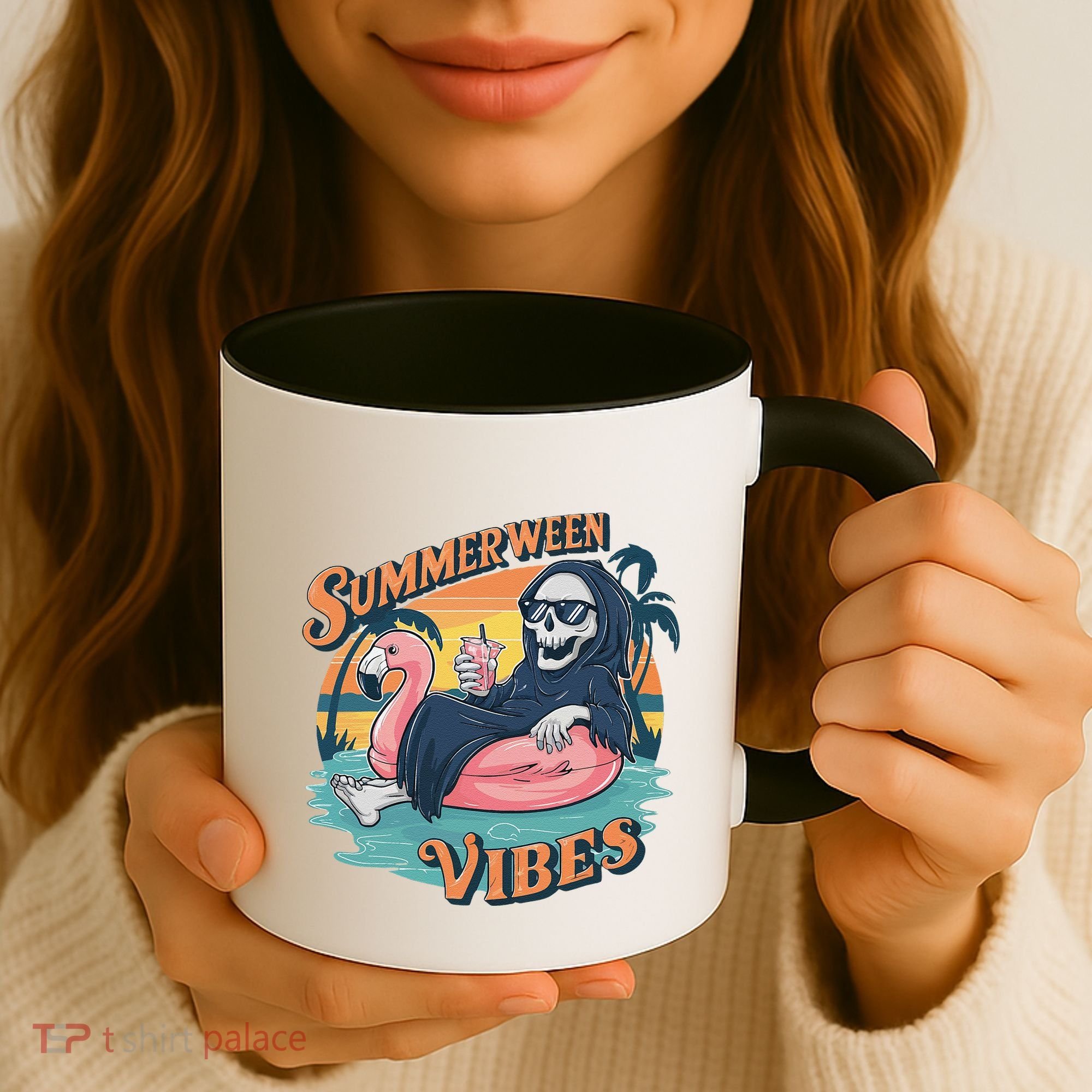 Summerween Vibes Skeleton Flamingo Float Summer Halloween Coffee Mug