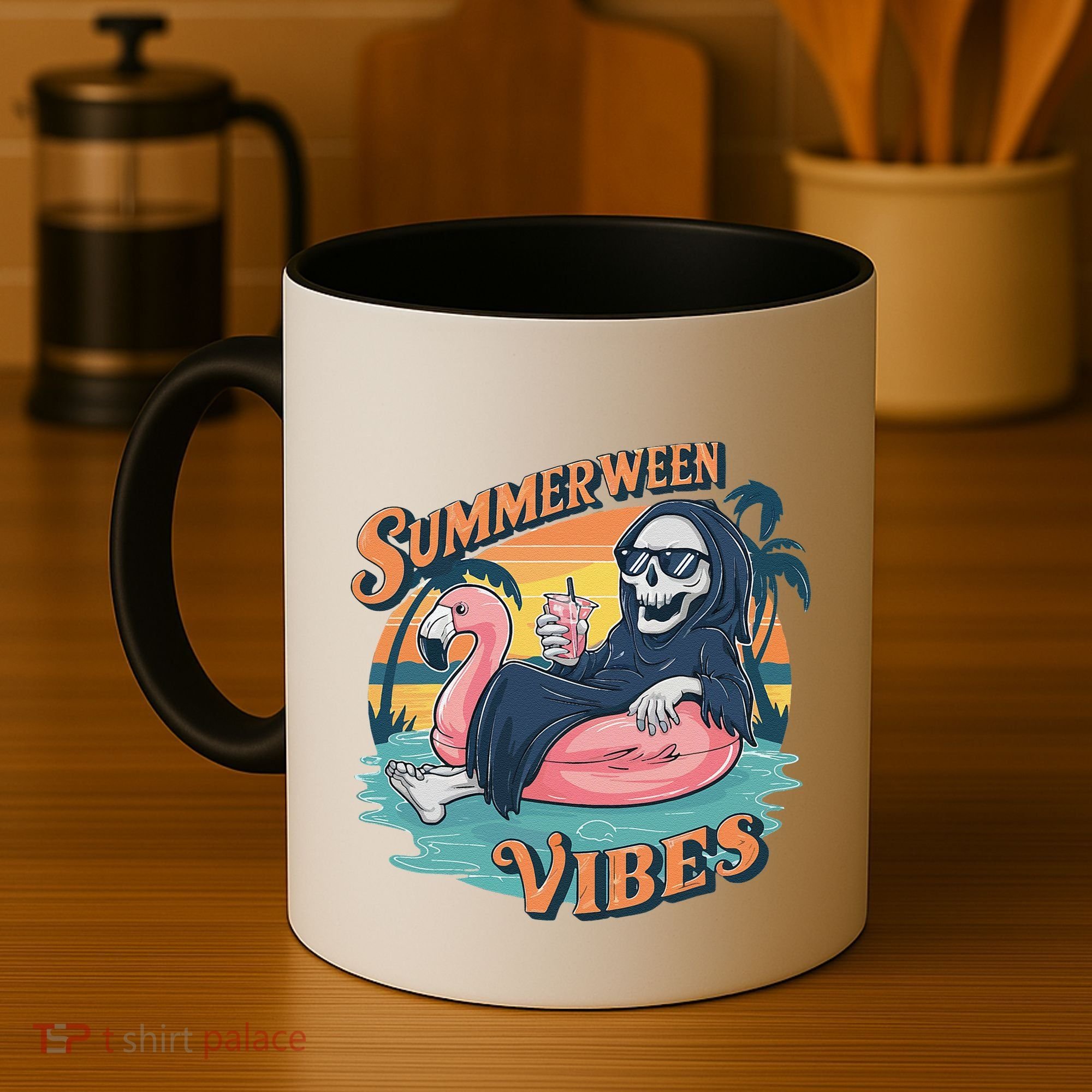 Summerween Vibes Skeleton Flamingo Float Summer Halloween Coffee Mug