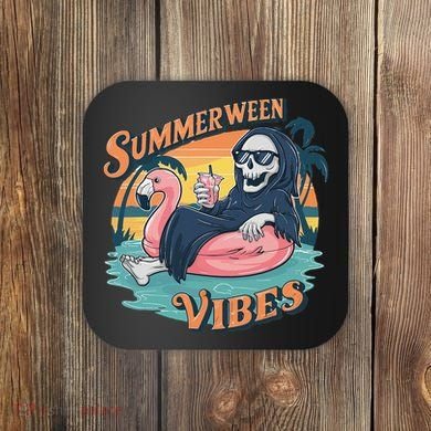 Summerween Vibes Skeleton Flamingo Float Summer Halloween Coaster