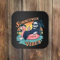 Summerween Vibes Skeleton Flamingo Float Summer Halloween Coaster thumb 0