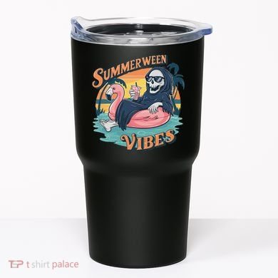 Summerween Vibes Skeleton Flamingo Float Summer Halloween Tumbler