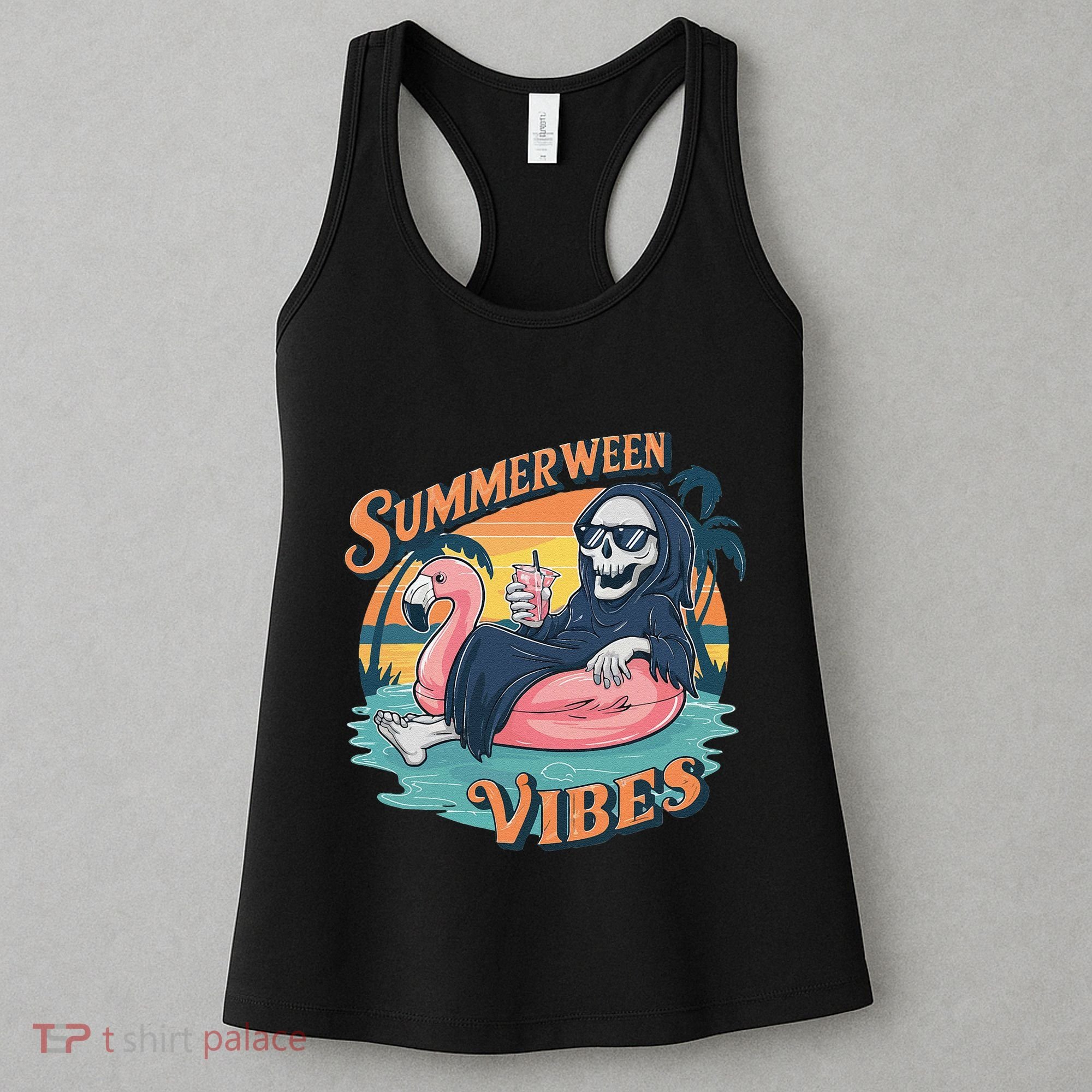 Summerween Vibes Skeleton Flamingo Float Summer Halloween Women's Tank Top