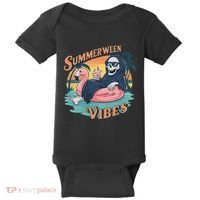 Summerween Vibes Skeleton Flamingo Float Summer Halloween Baby Bodysuit thumb 0