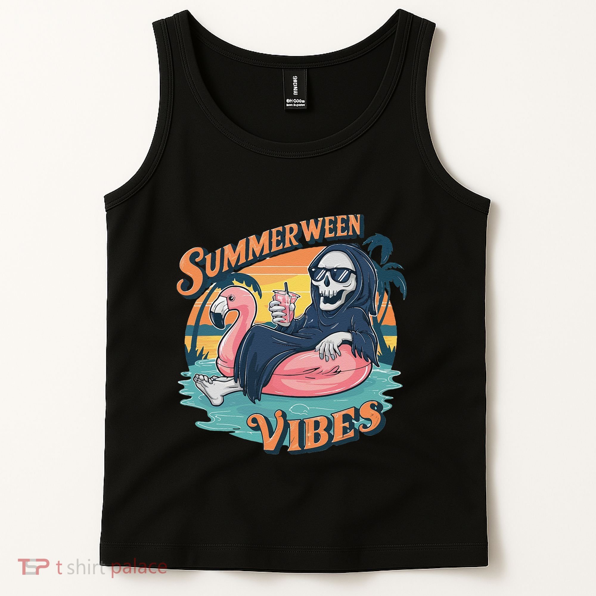 Summerween Vibes Skeleton Flamingo Float Summer Halloween Tank Top