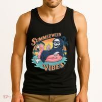 Summerween Vibes Skeleton Flamingo Float Summer Halloween Tank Top thumb 3