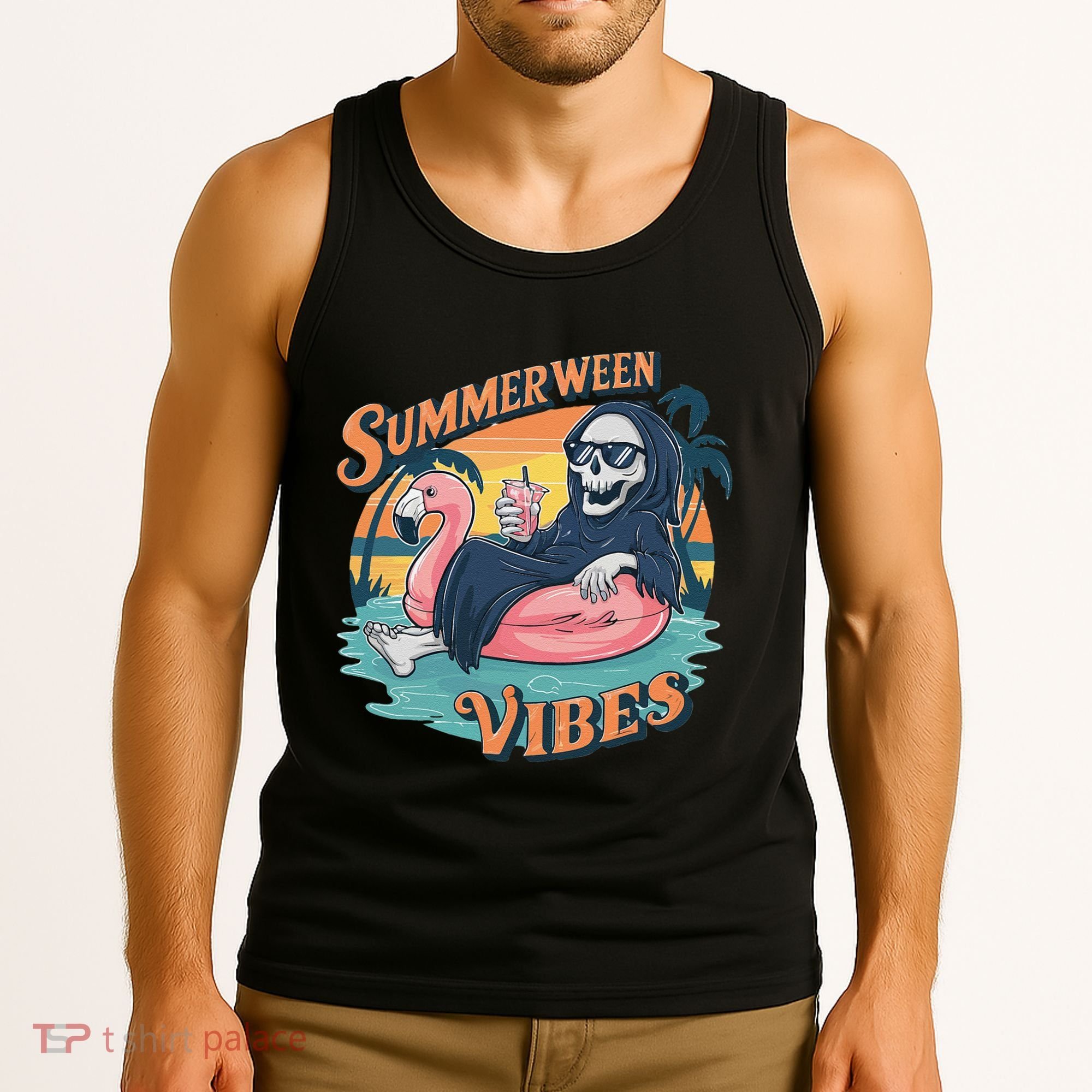 Summerween Vibes Skeleton Flamingo Float Summer Halloween Tank Top