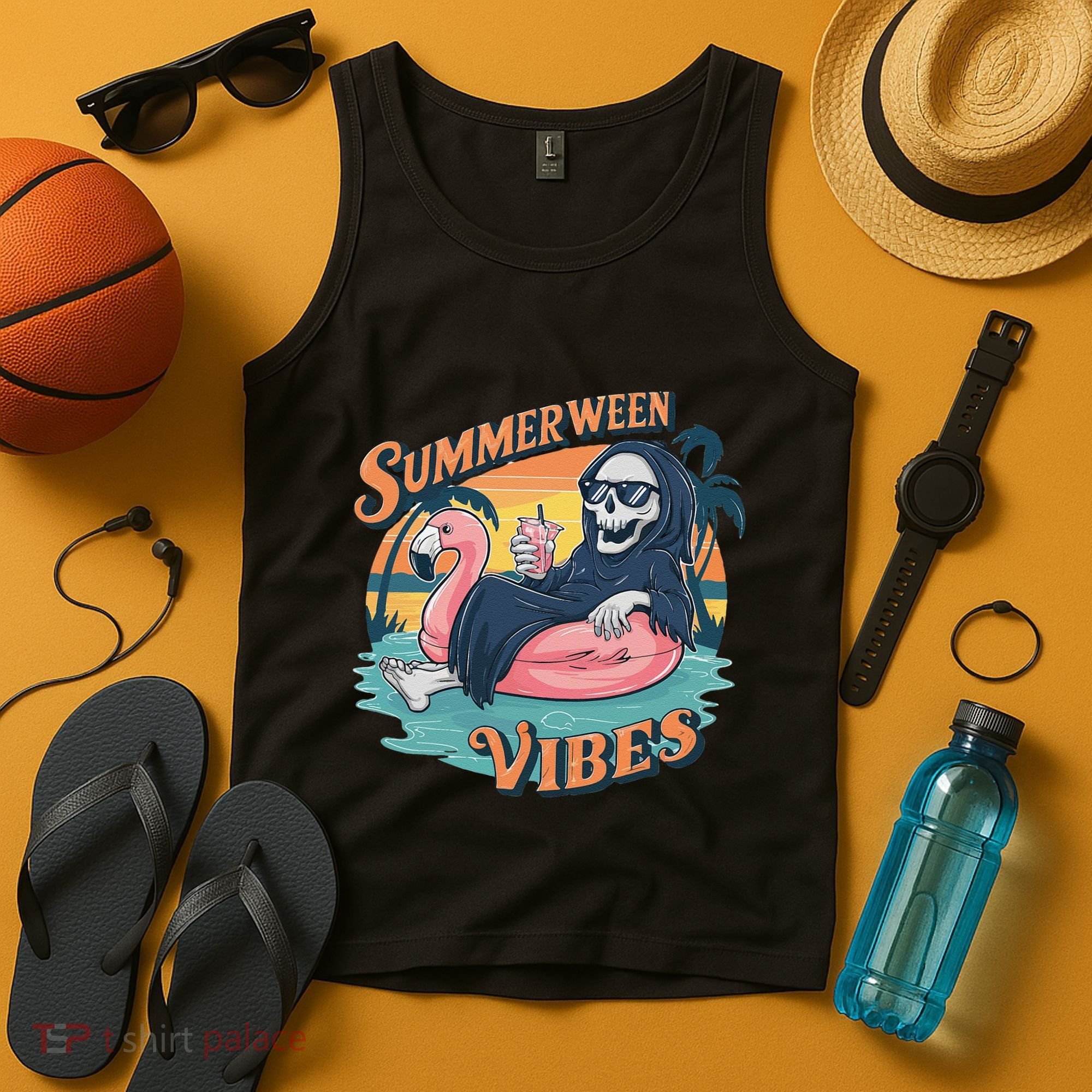 Summerween Vibes Skeleton Flamingo Float Summer Halloween Tank Top
